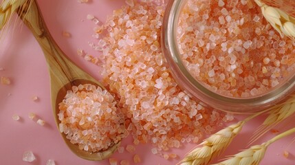 Pink Himalayan Salt Crystals with Wooden Spoon and Wheat Stalks on Pink Background