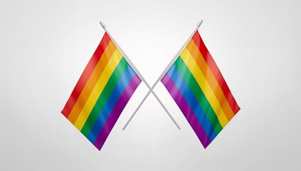 Fototapeta premium Two rainbow flags crossed together on white background.