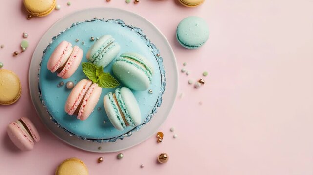 A beautifully decorated French macaroon flavored cake on a white plate, surrounded by more colorful macarons. Perfect for birthdays or special occasions.