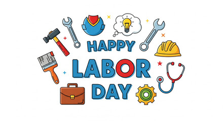 Happy Labor Day Celebration Cartoon Elements with Tools on Isolated transparent background