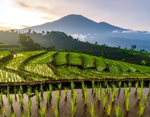 Lush green rice terraces at sunrise, mountains in the background