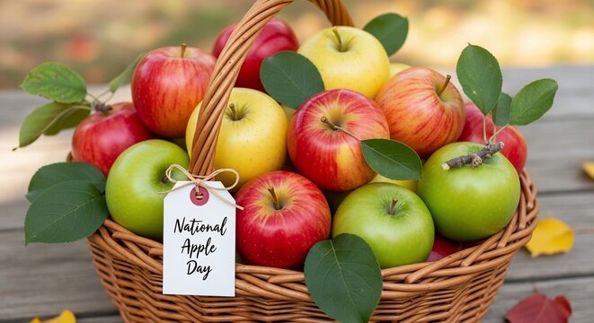Rustic Basket Overflowing with Fresh Apples for National Apple Day.