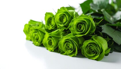 Lush green roses on white background
