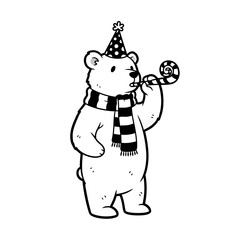 Cartoon Bear Celebrates with Party Hat and Noisemaker