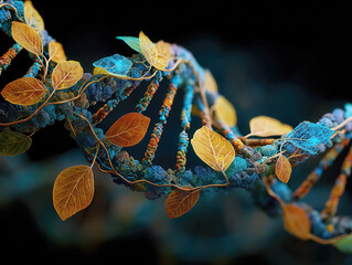 DNA Strand with Autumn Leaves Symbolizing Nature and Genetics