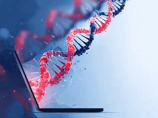 DNA Helix Emerging from Laptop Representing Biotechnology and Digital Science