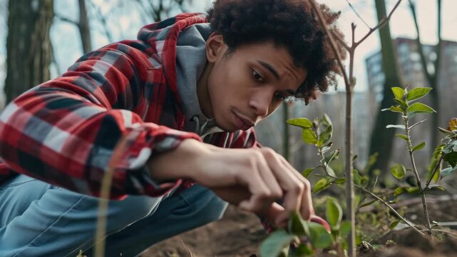 Young man in plaid shirt tending to newly planted trees and plants, showing a commitment to community green spaces.