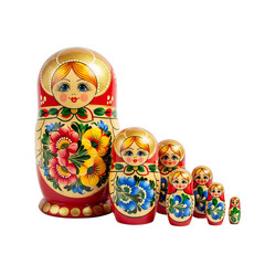A set of traditional Russian Matryoshka dolls in various sizes, featuring colorful floral designs and a transparent background.