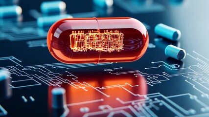 Red capsule circuit transformation on futuristic circuit board
