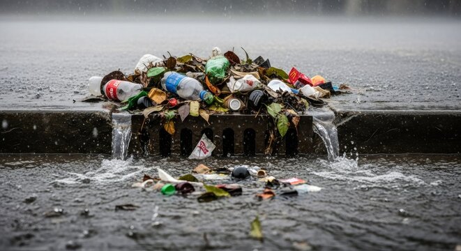 Rainwater overflowing from a street drain clogged with plastic waste and leaves. Environmental pollution causing urban flooding.