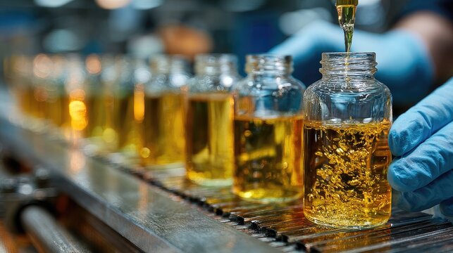 Liquid filling a glass bottles on a conveyor belt