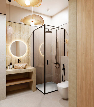 3D render of bathroom interior. Modern bathroom interior design with sink, backlit mirror, shower and wicker chandeliers.
