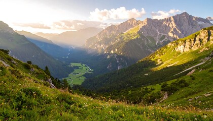 Mountain valley vista at sunset