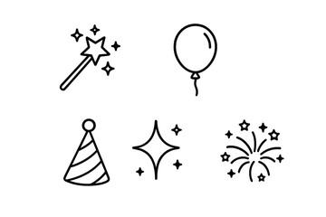Celebration simple line icon set. Party outline vector illustrations. Includes magic wand, balloon, holiday hat, sparkle, and fireworks symbols. Festive graphic elements for cards.