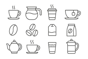 Coffee and tea vector line icons. Minimalist outline symbol set for cafe menu. Includes hot drink, cup, mug, pot, coffee beans, teapot, teabag, latte, french press pictogram.