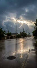 Flooded city street with a storm drain and lightning strike at sunset, depicting consequences of heavy rainfall and flooding.
