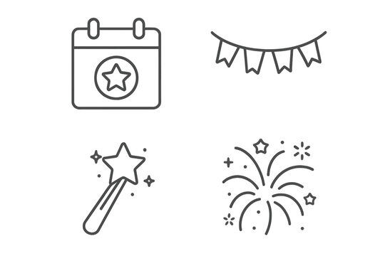 Holiday and celebration vector icon set. Outline symbols of a special event calendar, party bunting, magic wand, and festive fireworks. Thin line graphics for modern design.