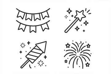 Celebration and party line icon set. Holiday symbols collection. Vector signs of garland, magic wand, firecracker, firework. Thin outline for web, app, event design.