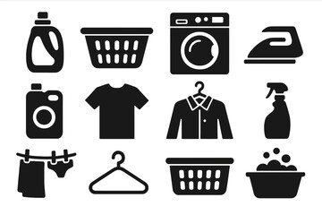 Laundry icons set. Vector silhouette collection of washing machine, detergent, iron, basket, and clothes. Housework symbols for cleaning and clothing care. Household chore concept.