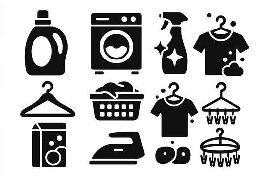 Laundry icons set. Washing machine, detergent, iron, basket symbols. Household chores and cleaning concept vector illustration. Black glyphs for web, app or print design.