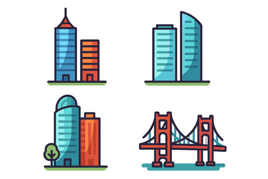 City buildings and Golden Gate Bridge icon set. Modern urban architecture skyscrapers. Colorful vector illustration collection. Flat cartoon design elements for web and apps.
