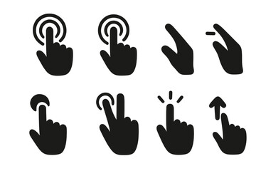 Hand gesture icons for touch screen. UI UX kit. Click, tap, swipe, scroll, drag, press, and hold symbols. Finger touch pointer. Double tap, 2 finger gestures set.