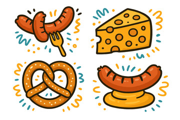 Oktoberfest snacks vector set. German traditional food icons. Cartoon doodle sausage, pretzel, cheese. Bavarian beer festival meal collection. Isolated flat illustration.