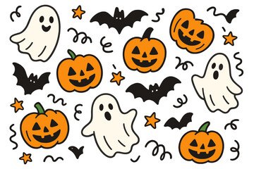 Set of cute Halloween doodle elements. Vector collection with cartoon ghost, pumpkin jack o lantern, and bat. Spooky autumn holiday characters for kids. Flat design isolated icons.