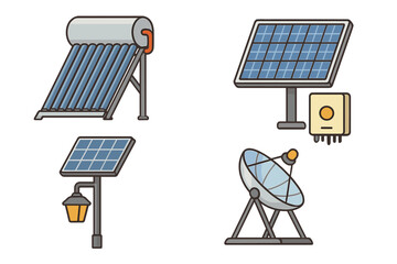 Solar energy equipment set. Renewable green power technology. Vector collection with solar panel, water heater, street light. Photovoltaic electricity generation cartoon icons.