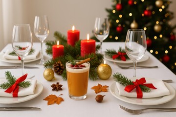Elegant Festive Table Setting with Holiday Decoration, Candles, and Seasonal Drink Surrounded by Christmas Cheer and Warm Atmosphere