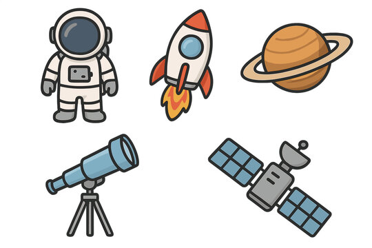 Space exploration cartoon icon set with astronaut, rocket, planet, satellite, and telescope. Vector illustration for astronomy, science, and cosmic adventure concepts.