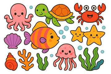 Cute sea animals character set. Cartoon ocean life collection. Vector illustration of fish, turtle, crab, octopus, jellyfish. Kawaii marine creatures for kids. Underwater elements.