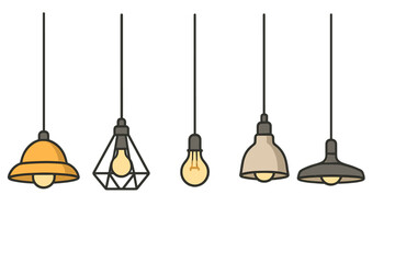 Set of modern hanging pendant lights. Collection of various ceiling lamp fixtures for interior design. Minimalist industrial loft style lighting. Vector cartoon illustration.