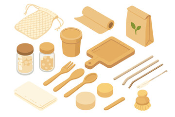Zero waste kitchen essentials for sustainable living. Eco friendly reusable items set. Plastic free concept with wooden utensils, glass jars, and natural packaging. Isometric vector.