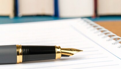 Pen resting on lined notebook, books in background