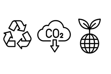 Eco friendly line icon set. Recycling symbol, CO2 reduction sign, and green earth planet logo. Vector graphic for sustainability, ecology, and environmental conservation concept.