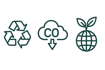 Set of eco-friendly icons for sustainability. Linear vector symbols for recycling, CO2 reduction, and green planet. Environmental conservation and ecology concept design.
