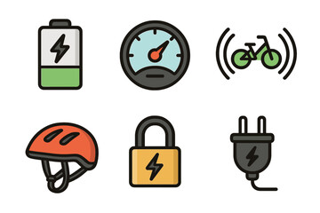 Electric bike icon set. E-bike vector pictograms. Includes battery charge level, speedometer, connectivity, safety helmet, security lock, and charging plug symbol. Cartoon.