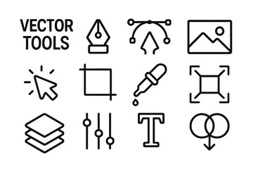 Vector tools outline icon set for graphic design. Line art collection of digital editing symbols like pen, crop, layers, text, eyedropper, and pathfinder for UI and web.