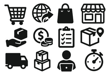 E-commerce icons set. Online shopping and logistics symbols. Worldwide shipping, delivery service, package tracking. Storefront, shopping cart, payment method. Vector business glyph icons.