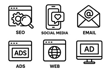 Digital marketing outline icon set. SEO, social media, email, web, and ads icons collection. Vector symbols for internet promotion, online business, and advertising strategy.