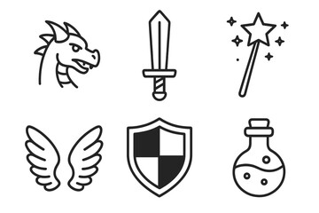 Fantasy icon set with dragon, sword, wand, shield, wings, potion. Vector line art for RPG games. Simple medieval magic symbols. Adventure game assets collection.