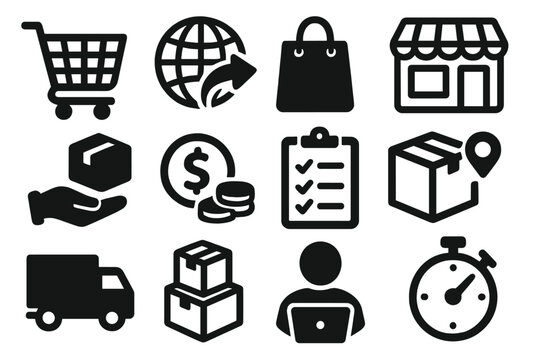 E-commerce icons set. Online shopping and logistics symbols. Worldwide shipping, delivery service, package tracking. Storefront, shopping cart, payment method. Vector business glyph icons.