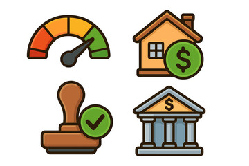 Financial icons set with credit score meter for mortgage pre-approval. Home loan, banking, and real estate symbols. Approved stamp for property investment and finance concepts.
