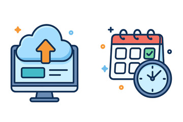 Cloud upload and calendar synchronization for time management. Business scheduling and planning concept. Workflow efficiency. Project management, productivity, deadline icon set.