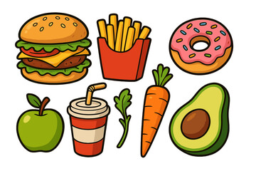 Healthy vs unhealthy food choice. Fast food and balanced diet nutrition concept. Vector cartoon set with burger, fries, donut, soda and apple, carrot, avocado icons.