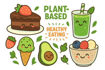 Cute plant-based healthy eating food set. Kawaii cartoon characters. Vegan dessert, chocolate cake, green smoothie, ice cream, avocado, oatmeal. Vector illustration.