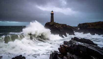 Obraz premium Dramatic lighthouse at stormy coast