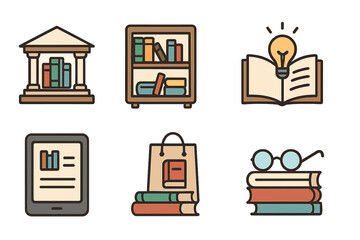 Library and bookstore cartoon icon set. Vector illustration for education, learning, and knowledge concepts. Includes book, bookshelf, e-reader, and idea symbols for design.