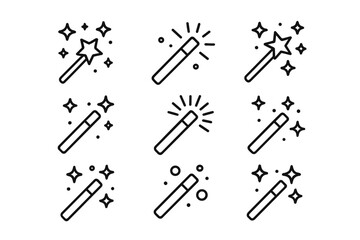 Naklejka premium Magic wand line icon set. Editable stroke vector illustration. Wizard, fairy, fantasy miracle concept. Symbol of spell, trick, wish, and imagination. Outline design elements.